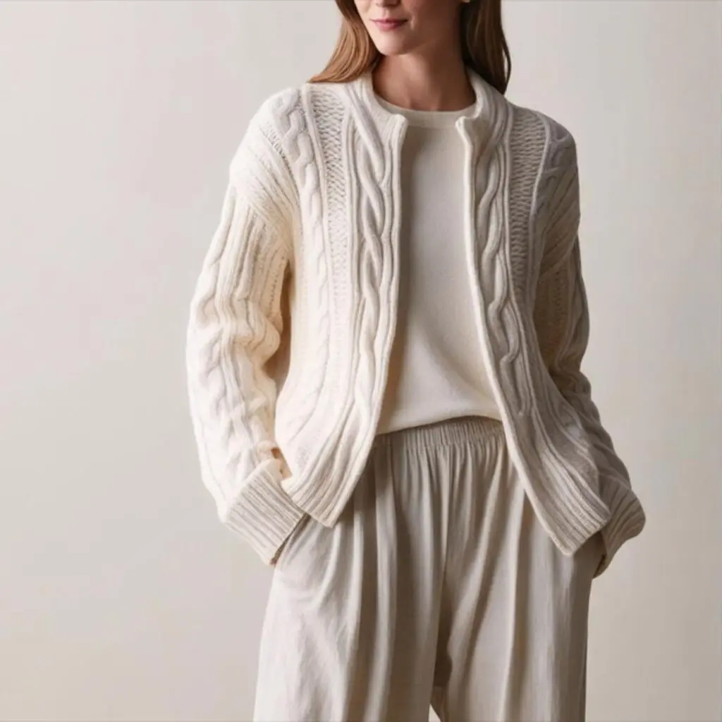 Cable knit cardigan with linen pants creates a soft, cozy outfit with warm knit and light pants, perfect for calm days, casual outings, or meeting friends.
