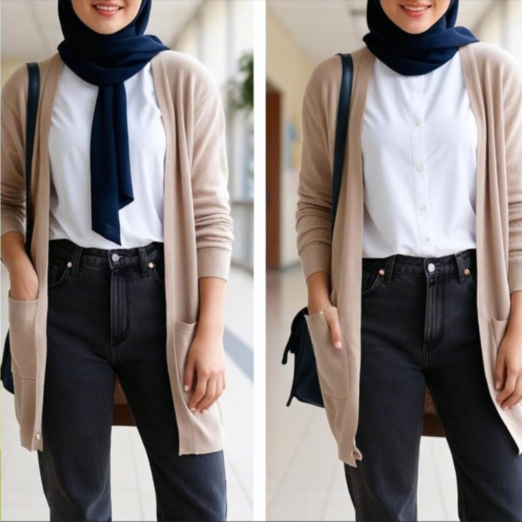 Cardigan with hijab and straight-leg jeans creates a simple, modest look with soft layers and clean jeans, perfect for school, shopping, or casual outings.