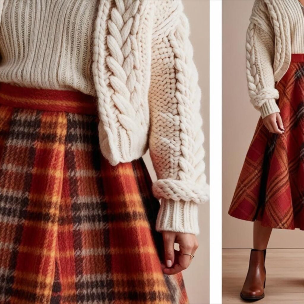 Chunky knit cardigan with plaid skirt creates a cozy, fun outfit with a warm cardigan and patterned skirt, perfect for fall or winter, paired with boots or shoes.