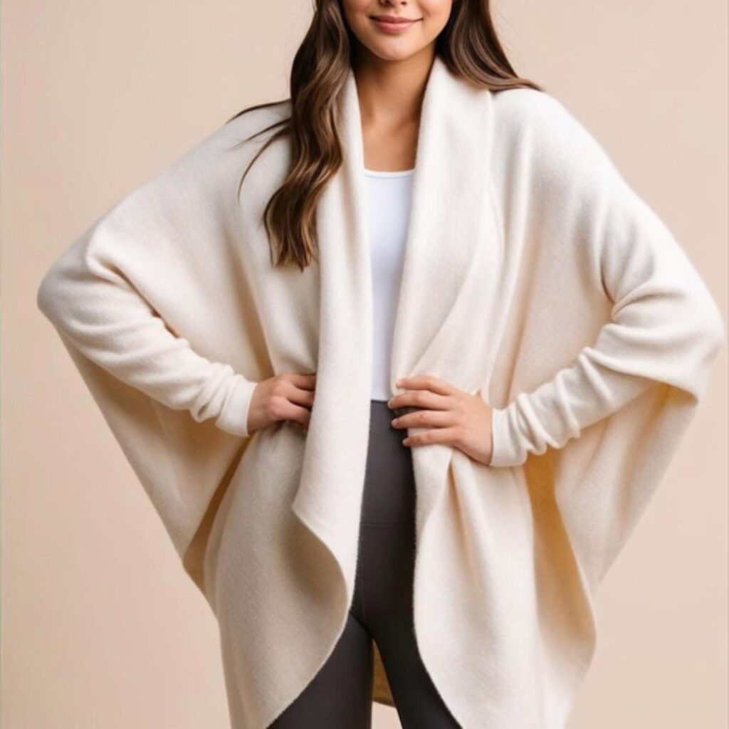 Cozy cardigan with leggings creates a warm, relaxed look with a soft, oversized cardigan and stretchy leggings, perfect for school, lounging, or casual outings.
