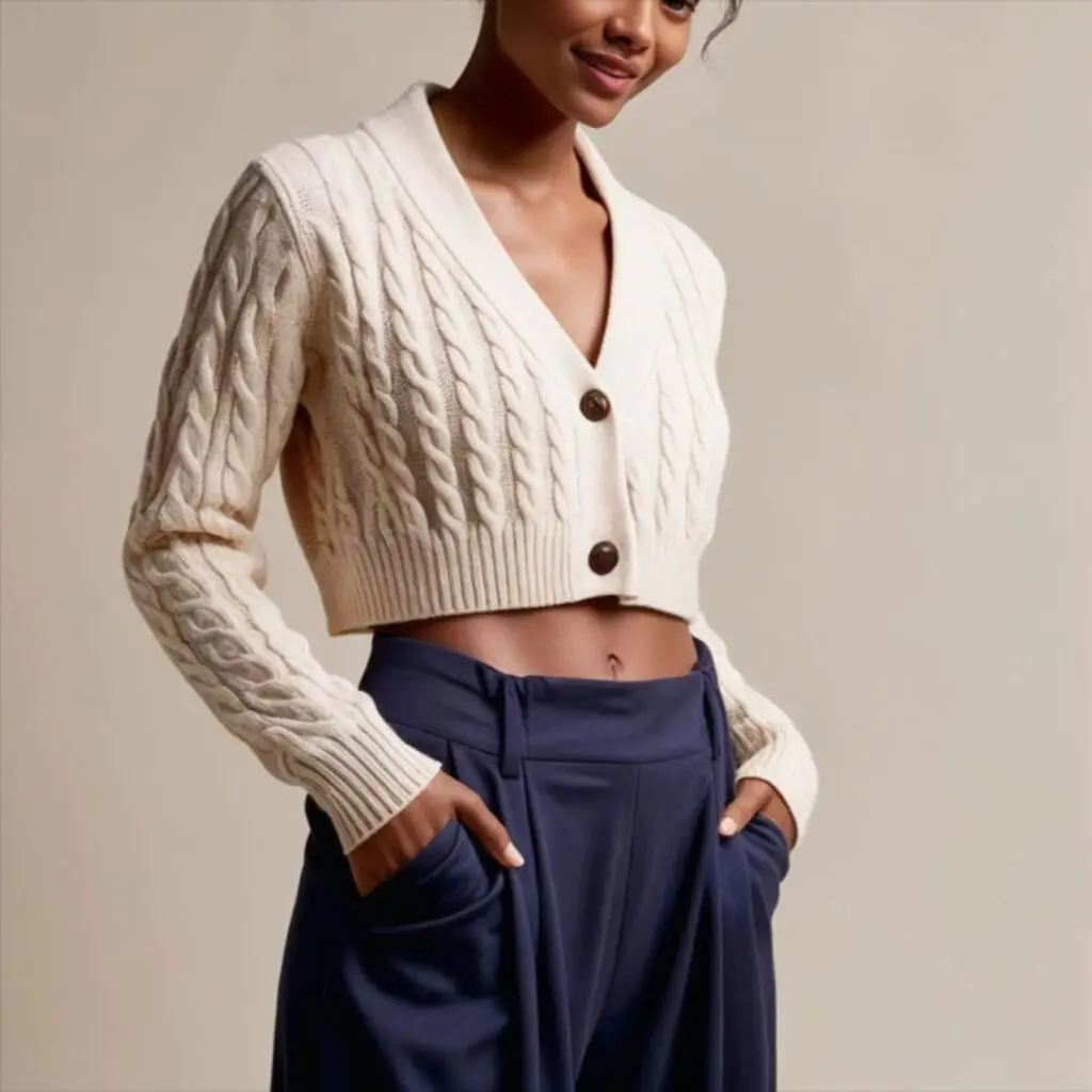 Cropped cardigan with paperbag waist pants creates a stylish, comfy outfit with a waist-defining cardigan and loose, tied pants, perfect for school, work, or outings.