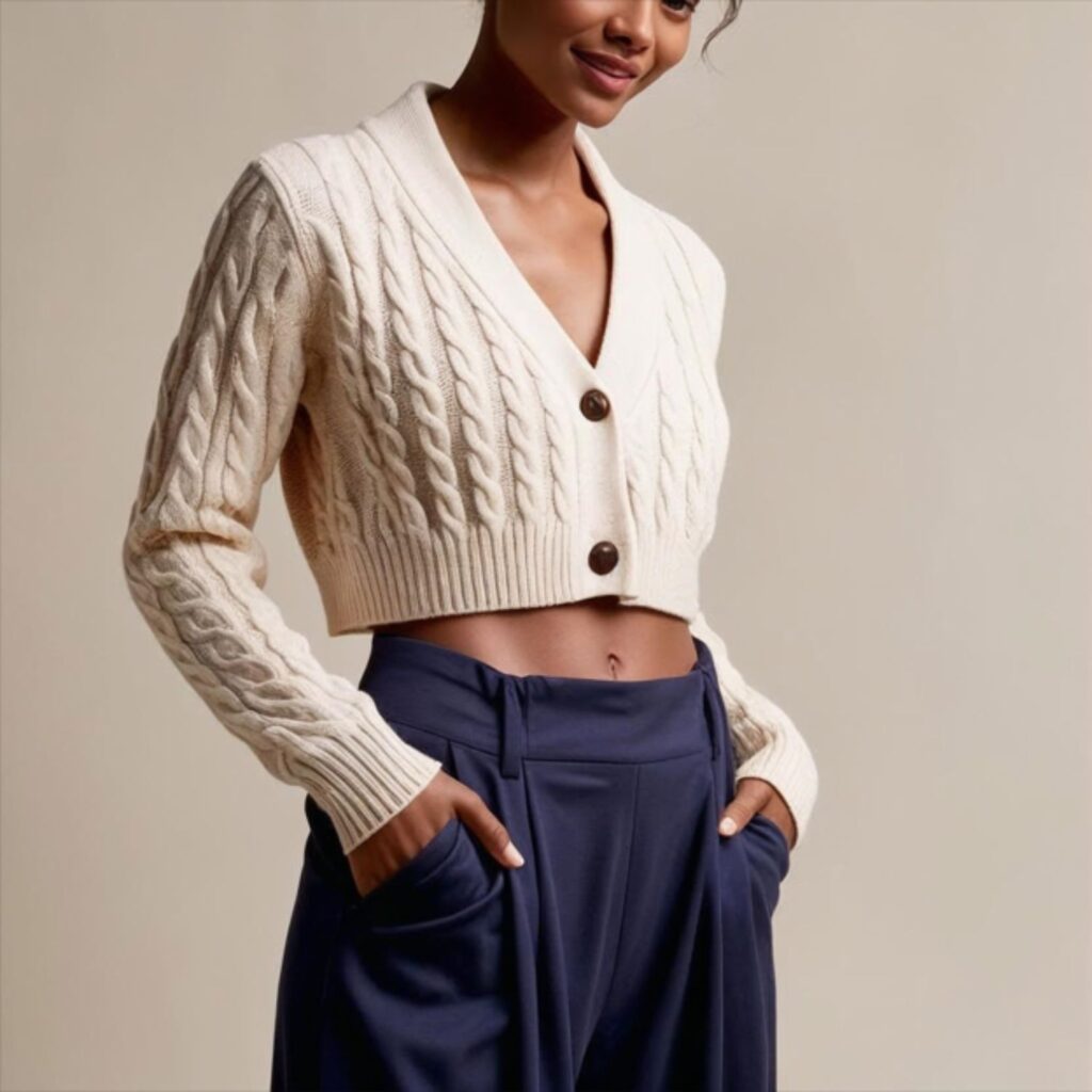 Cropped cardigan with paperbag waist pants creates a stylish, comfy outfit with a waist-defining cardigan and loose, tied pants, perfect for school, work, or outings.