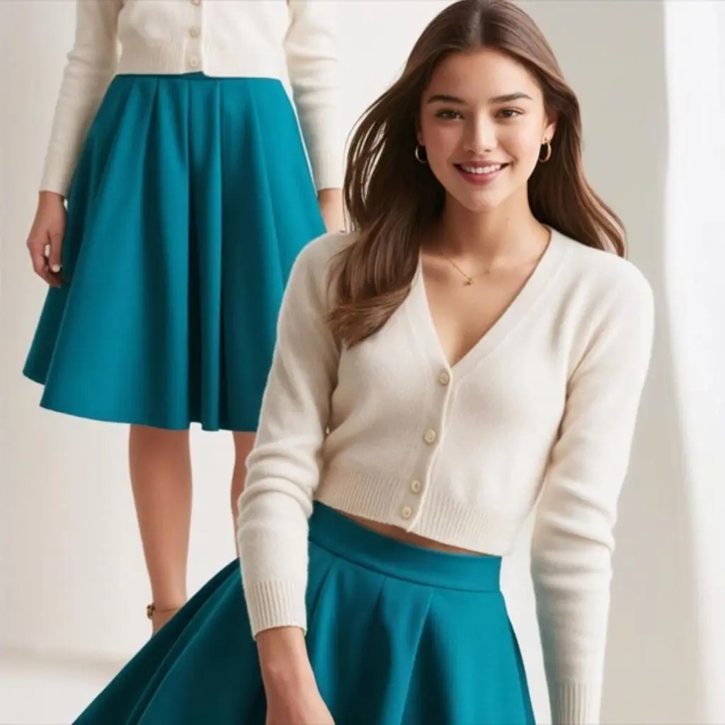 Fitted cardigan and A-line skirt create a sweet, balanced look with a close-fitting cardigan and flared skirt, perfect for school, work, or casual outings.