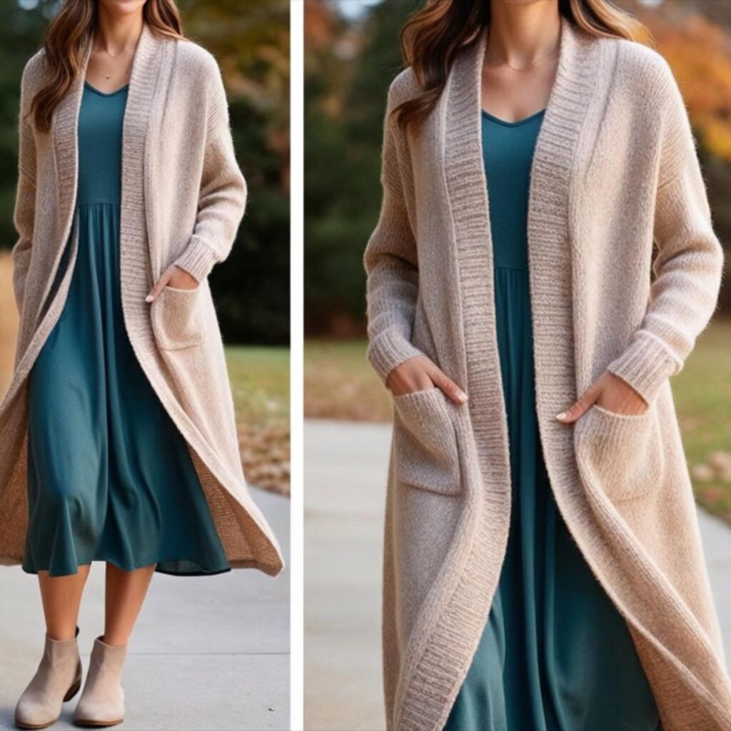 Long cardigan over dress creates a soft, comfy look with warmth and flow, perfect for cool weather, school, work, or casual outings with flat shoes or boots.