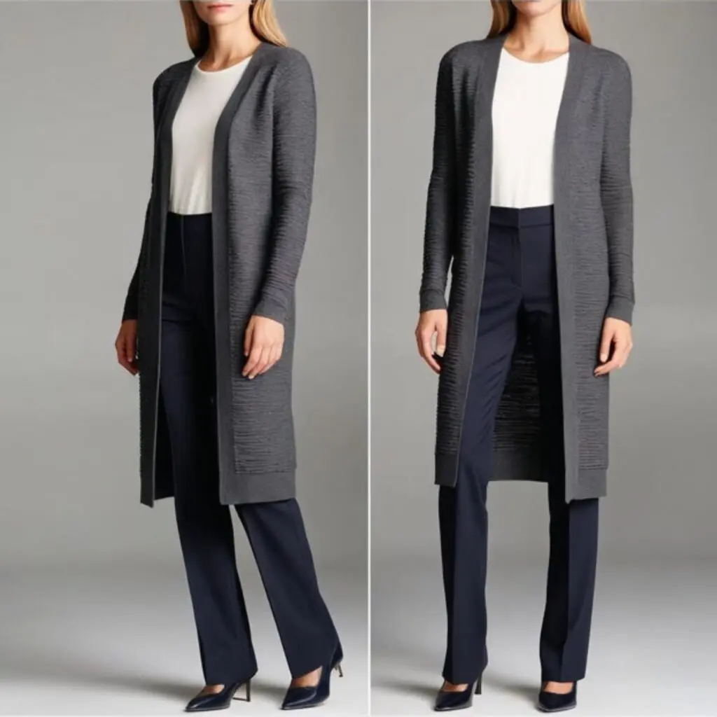 Longline cardigan with slim trousers creates a clean, smart look with a tall, flattering cardigan and neat trousers, perfect for work, school, or casual days out.