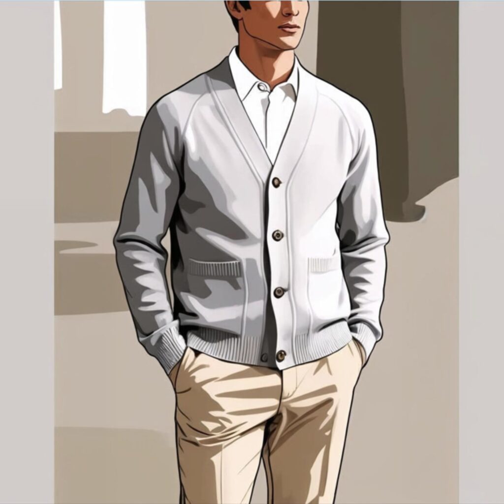 Minimalist men’s cardigan with chinos creates a clean, stylish look with a soft, plain cardigan and neat chinos, perfect for school, work, or casual dinners.