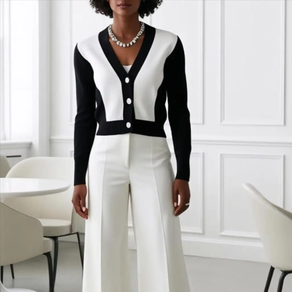 Monochrome cardigan look for Black women creates a clean, stylish outfit with matching cardigan, pants or skirt, and accessories, perfect for work or casual outings.