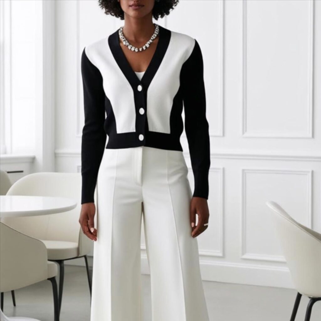 Monochrome cardigan look for Black women creates a clean, stylish outfit with matching cardigan, pants or skirt, and accessories, perfect for work or casual outings.