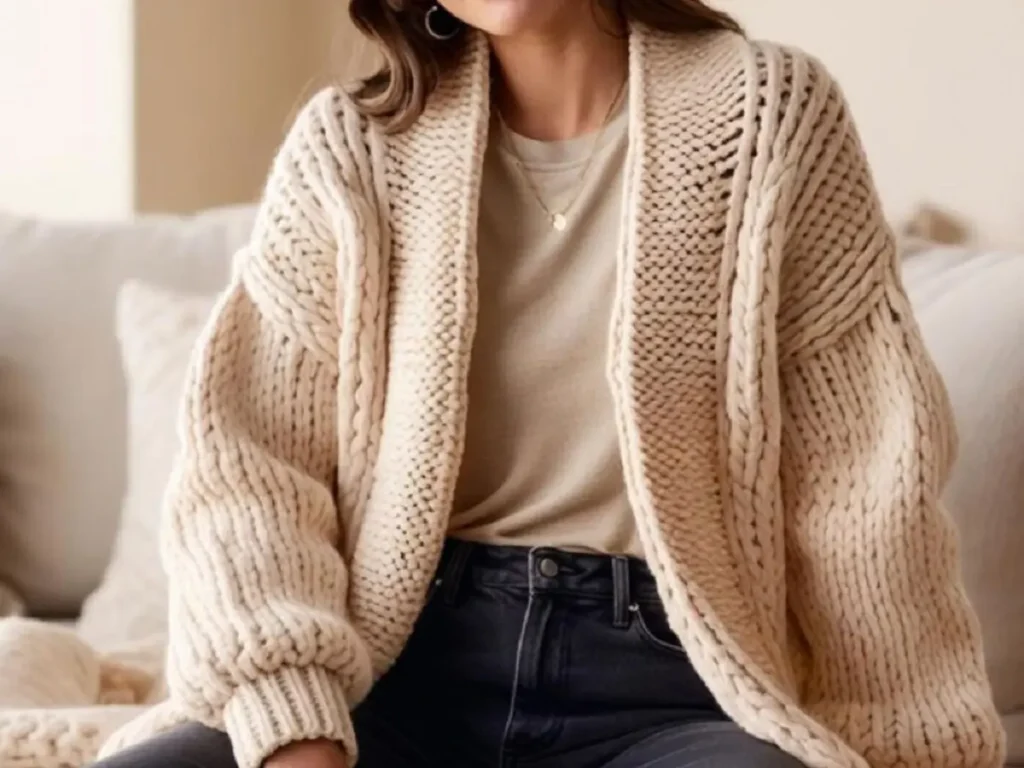 Woman wearing a chunky oversized cream cardigan over a beige top with black jeans, sitting on a couch in a relaxed, cozy pose.