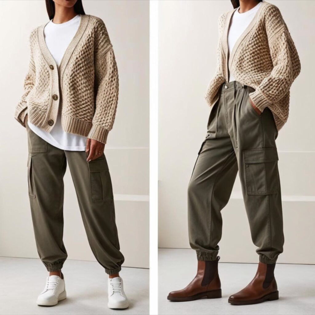 Textured cardigan with cargo pants creates a relaxed, fun outfit with a cozy cardigan and loose pants, perfect for casual outings or hanging out with sneakers or boots.