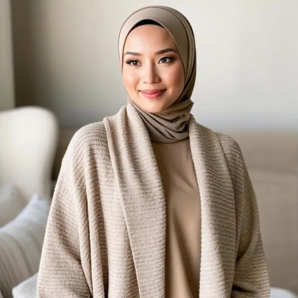 Textured maxi cardigan with hijab creates a cozy, stylish outfit with a long cardigan and matching hijab, perfect for cool days, school, or casual outings.