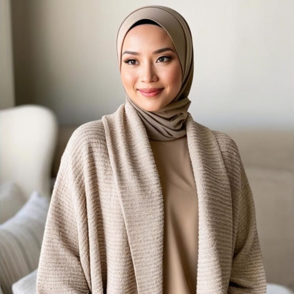 Textured maxi cardigan with hijab creates a cozy, stylish outfit with a long cardigan and matching hijab, perfect for cool days, school, or casual outings.